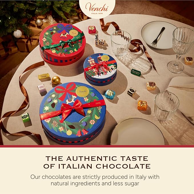 Venchi - Christmas Gift Box with Assorted Chocolates Gianduiotto Chocoviar 75% Extra Dark Cremino Limited Edition Gluten-Free No Colourings or Preservatives Gift Idea