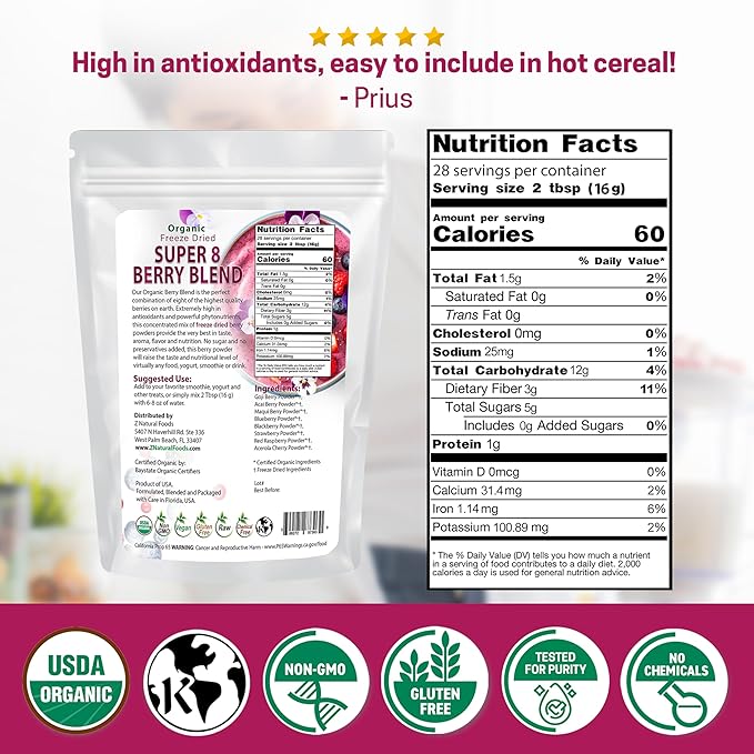Z Natural Foods Super 8 Berry Blend - Organic Freeze Dried Berry Powder Fruit Superfood Powder - Delicious Powdered Fruit Berry Antioxidant Powder for Smoothies Yogurts Healthy Drink Mix 1 lb