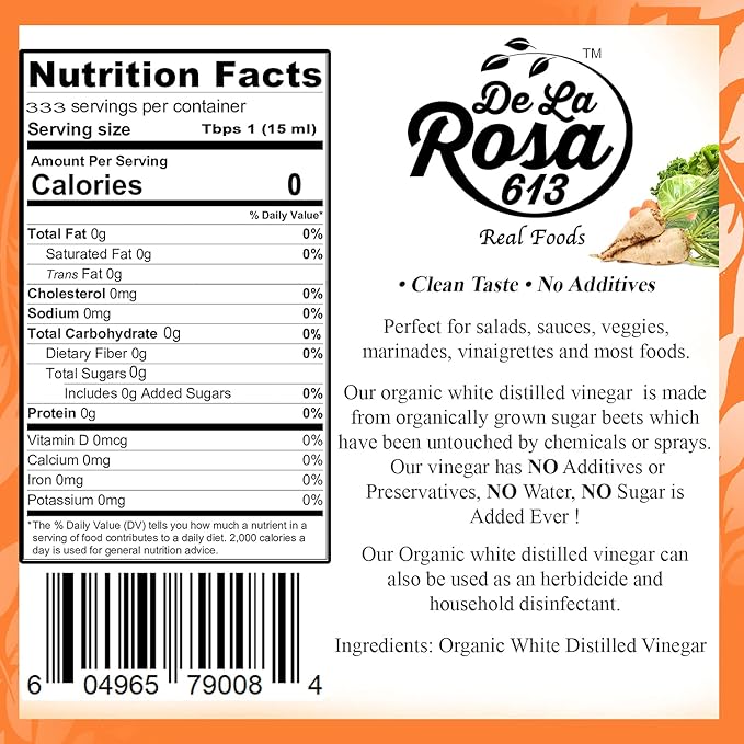 De La Rosa Organic Distilled White Vinegar Raw &amp Unfiltered Kosher for Passover Vegan &amp Gluten Free Great for Salad Dressing Marinades White Distilled Vinegar 5 Liter (Pack of 1)
