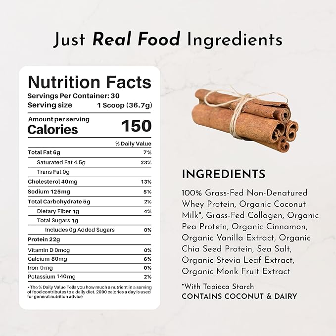JUST INGREDIENTS Snickerdoodle Protein Powder - Grass-Fed Whey Plant Proteins Cinnamon Vanilla - 30 Servings
