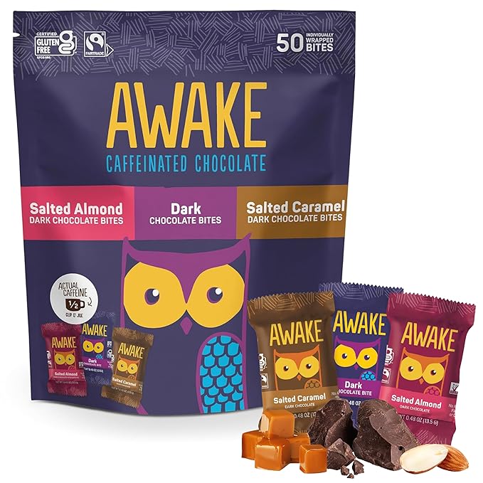 AWAKE - Caffeinated Chocolate Bites - USA Variety Pack (3 Flavors) 50 Bites - Dark Salted Caramel &amp Salted Almond - 50mg Caffeine - Coffee Alternative - Fairtrade - Gluten-Free - Non GMO - 0.48o
