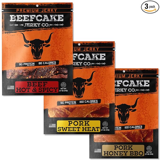 BeeFCake Jerky Sweet to Hot Meat Snack Variety Pack – Beef Hot and Spicy Jerky Pork Sweet Heat and Honey BBQ – High Protein Beef Sticks and Pork Snack Assortment Meat Snack Gift Box for Men