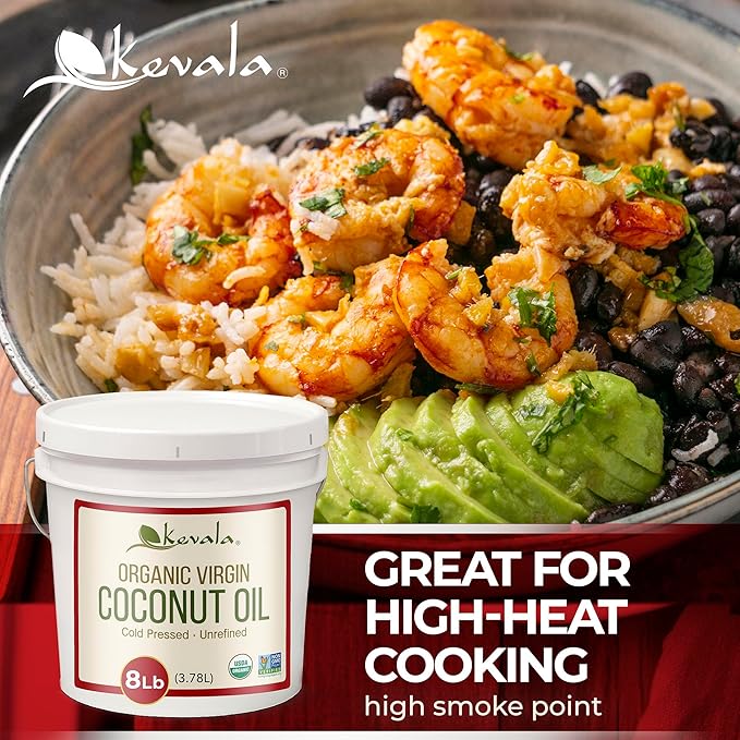 Kevala Organic Coconut Oil - Extra Virgin Oil with High Smoke Point for Baking and Cooking Natural and Fresh Coconut Scent for Body Massages Complements Recipes from Many Cultures Bulk Size 8 lb