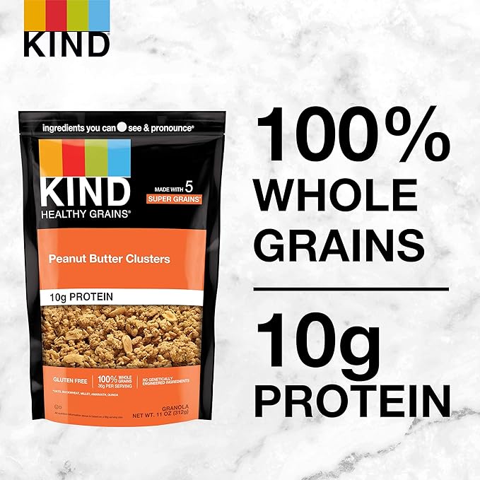 KIND Healthy Grains GranolaPeanut Butter ClustersHealthy SnacksGluten Free100% Whole Grains10g Protein11oz(Pack of 6)
