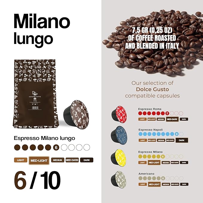 Dongiò Caffè Milano Lungo Capsules Compatible with Nescafe Dolce Gusto system 100 Count of Single-Serve Coffee pods (5 Boxes of 20 capsules each) Med-Light Roast | Intensity 6/10