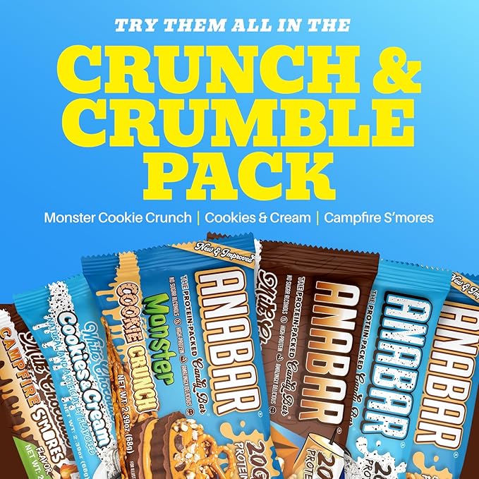 Anabar Protein Bar The Sampler Pack The Protein-Packed Candy Bar World's Best Tasting Protein Bar No Sugar Alcohols High Protein Amazingly Delicious 20 Grams of Protein (6 Bars Crunch &amp Cr