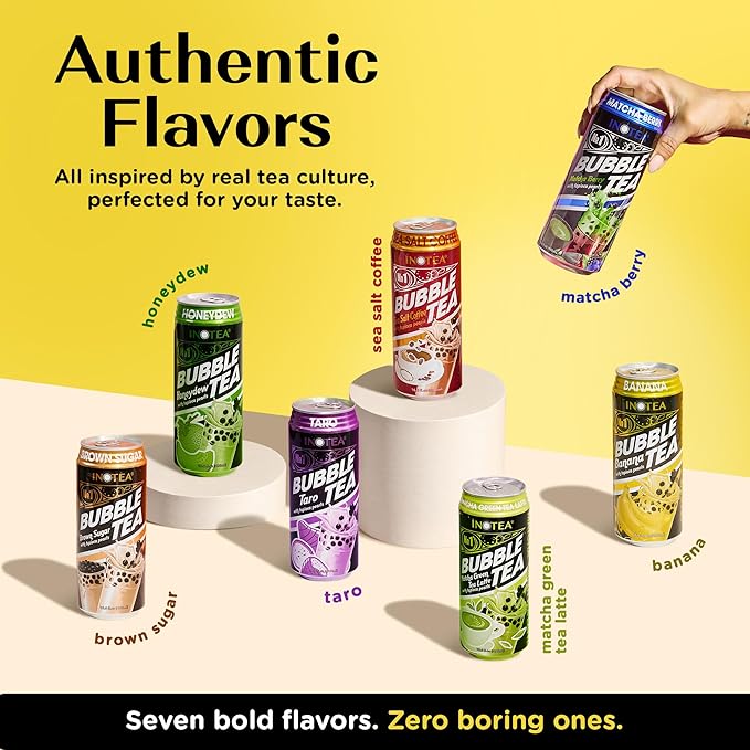 Inotea Bubble Tea with Tapioca Pearls - Delicious Instant Boba Tea - Ready-to-Drink Black Milk Tea - Comes in Large 16.6 oz Cans - Enjoy Real Boba Without the Long Lines - Banana - 12 pack