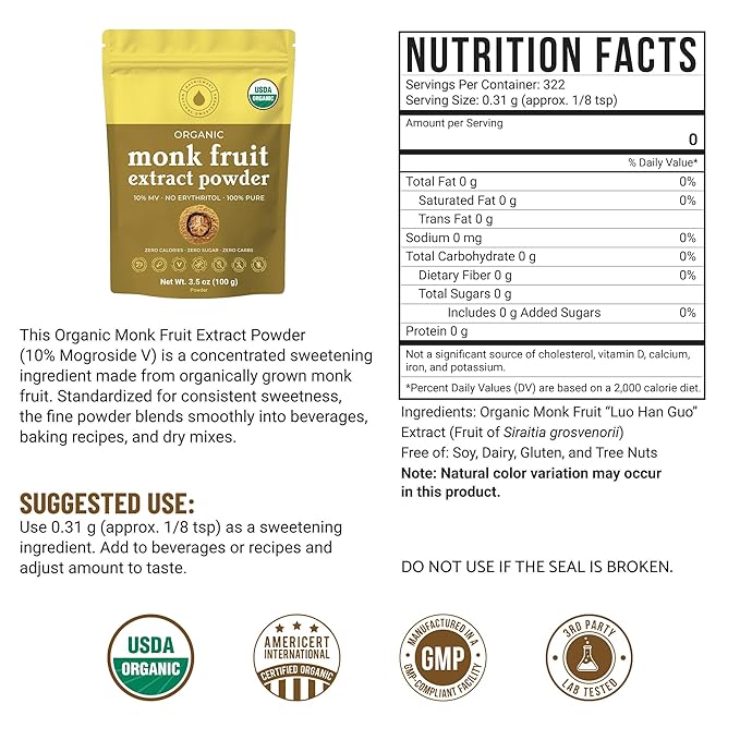 Organic Monk Fruit Extract Powder 3.5 oz Pure USDA Organic Monk Fruit Extract Sweetener with No Fillers Zero Calories Zero Carbs Keto &amp Paleo Friendly Sugar Substitute 322 Servings by Natri