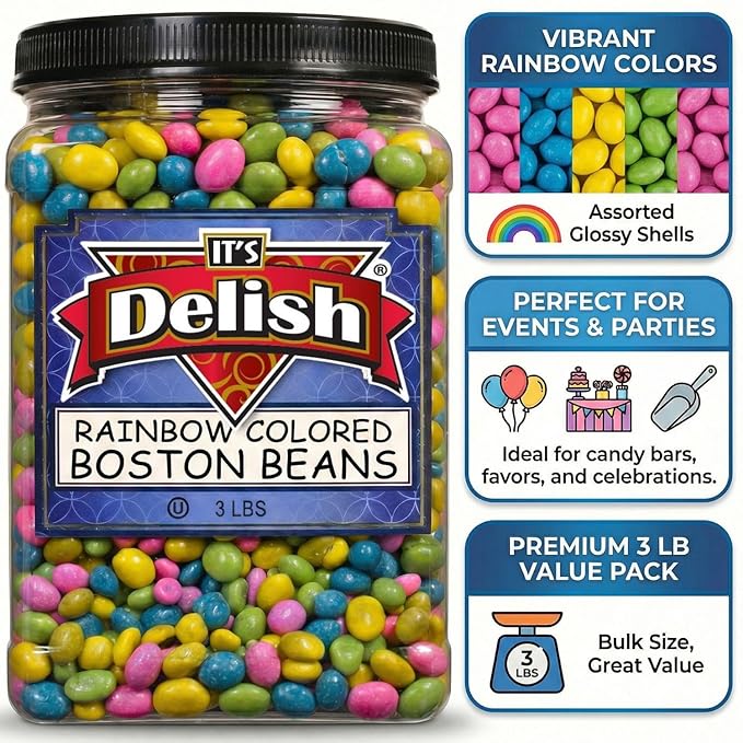Rainbow Colored Boston Beans Candy Coated Peanuts by It's Delish 3 LBS Jumbo Reusable Container | Candy Coated Peanuts | Easter Candies &amp Party Favors for Birthday Parties Christmas | Vegan Kos