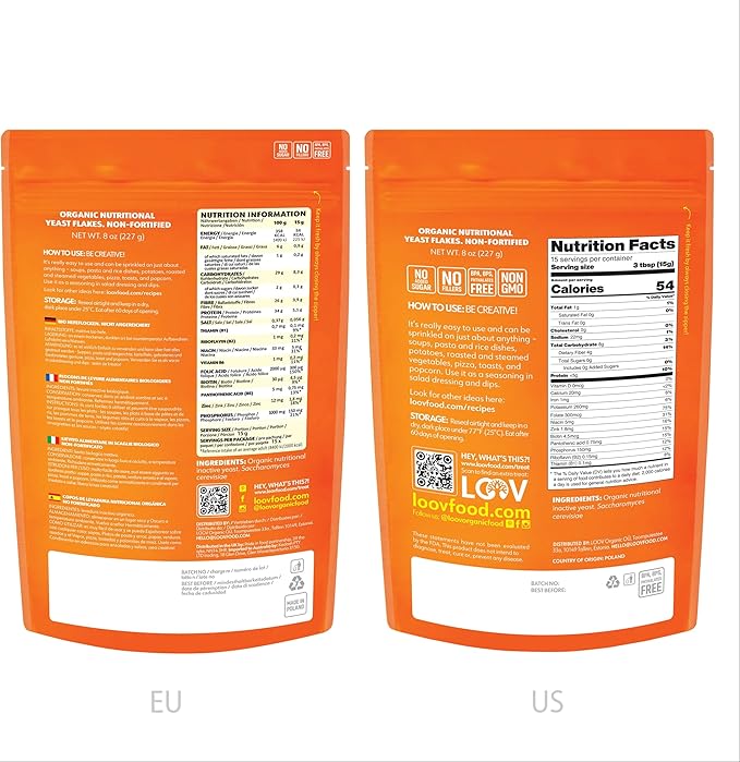 LOOV Organic Non-Fortified Nutritional Yeast Flakes - Vegan Gluten Free Non-GMO Unfortified Nooch - Good Source of Natural B-Vitamins - No Added Salt or Sugar - Resealable Bag 8 Ounces (227 Grams)