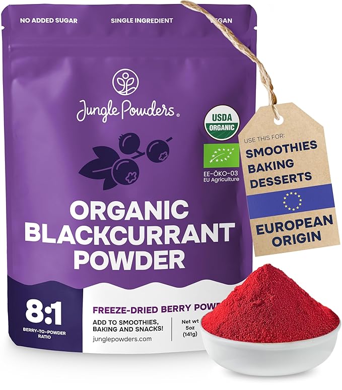 Jungle Powders Black Currant Powder Organic 5 Ounce Bag - USDA Certified Freeze Dried Black Currants for Recovery - Rich In Anthocyanins &amp Polyphenols Blackcurrant Extract for Smoothies Tea Baki