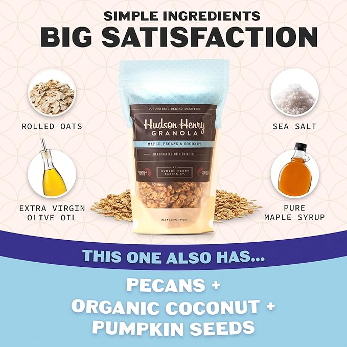 Hudson Henry Maple Pecan Coconut Granola for Yogurt Snacking &amp Cereal | Gluten Free with Nuts and Seeds | Cashew Granola Non-GMO Small Batch Baked | 3 x 12 oz Bags