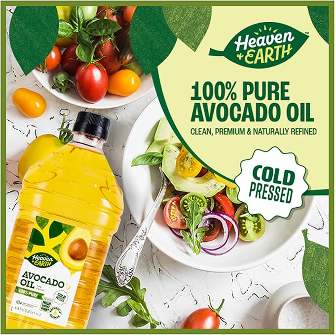 Heaven &amp Earth Premium Cold Pressed 100% Pure Avocado Oil 2 Liter | High Smoke Point 520F | Naturally Refined | Certified Kosher (including Passover)