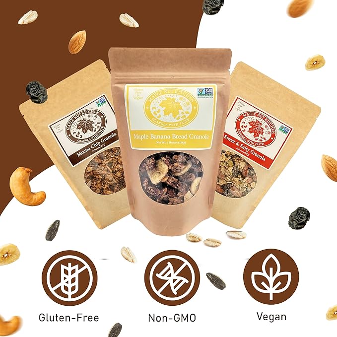 Maple Nut Kitchen Artisanal Granola Variety Pack - Maple Banana Bread Mocha Chip Sweet and Salty | 10 oz Each | Gluten-Free Vegan Delicious Breakfast Treats | 3-Pack