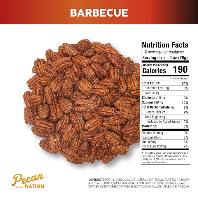 Pecan Nation Barbecue Georgia Pecan Halves 16 oz. Natural No preservatives Antioxidant-Rich Low Carb Dry Roasted Healthy Snacking Pecans for Adults and Kids (2 Pack)