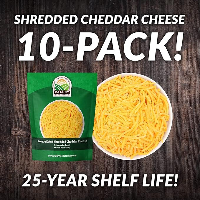 Valley Food Storage Freeze Dried Shredded Cheddar Cheese | 10-Bag Bucket 95 oz | Premium Emergency Food Supply 25 Year Shelf Life | Non-GMO Prepper Food for Cooking Camping &amp Long-Term Storage