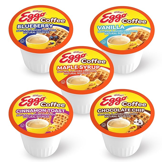 Eggo Beverages Waffle Flavored Coffee Pods Variety Pack Sampler for Keurig K Cup Brewers Fair Trade Certified 40 Count – Chocolate Chip Cinnamon Maple Syrup Blueberry Vanilla
