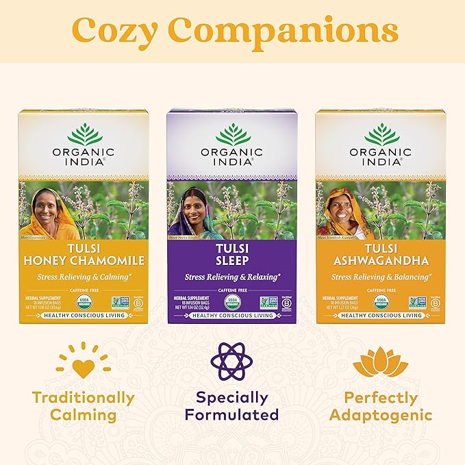 ORGANIC INDIA Iced Tulsi Tea Bags Variety Pack - Assorted Tea Holy Basil Ashwaganda Sleep Honey Chamomile - Adaptogen Vegan USDA Certified Organic Non-GMO - 18 Infusion Bags per Box (Pack of 3)