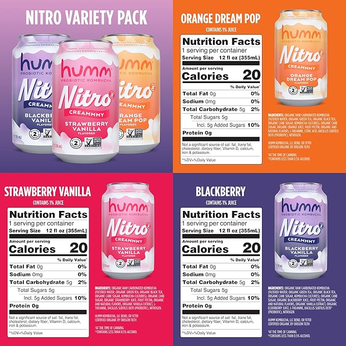 Humm Nitro Kombucha Variety Pack Creamy Smooth Probiotic Drink with L-Theanine Includes Blackberry Vanilla Orange Dream Pop &amp Strawberry Vanilla Non-GMO Vegan Gluten Free 12 fl oz (Pack of