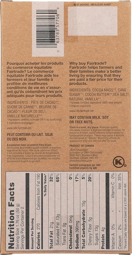 Jelina Chocolatier Organic Sea Salt Dark Chocolate Fair Trade Kosher 3.52 Ounce (Pack of 8)