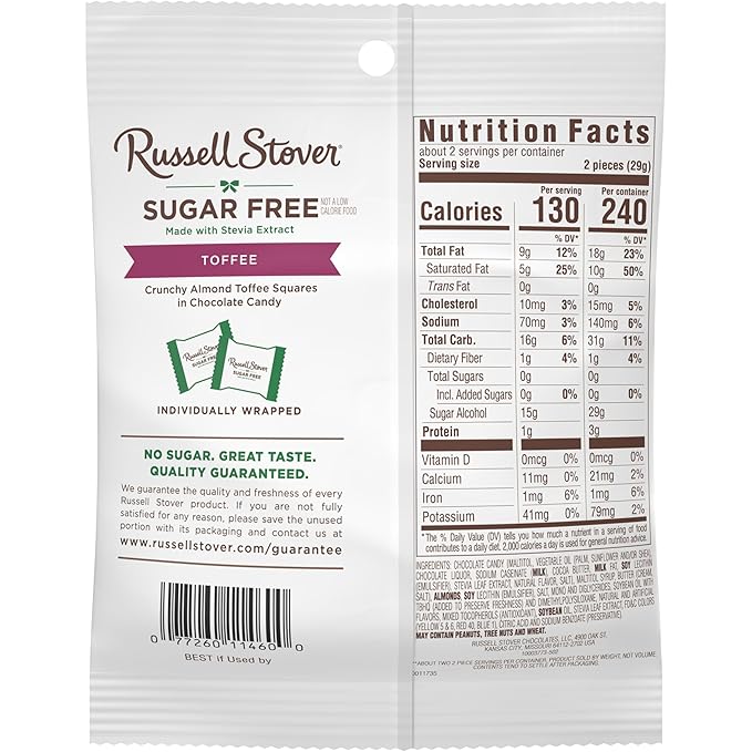 RUSSELL STOVER Sugar Free Toffee Squares in Chocolate Candy 2 oz. bag (Pack of 10)