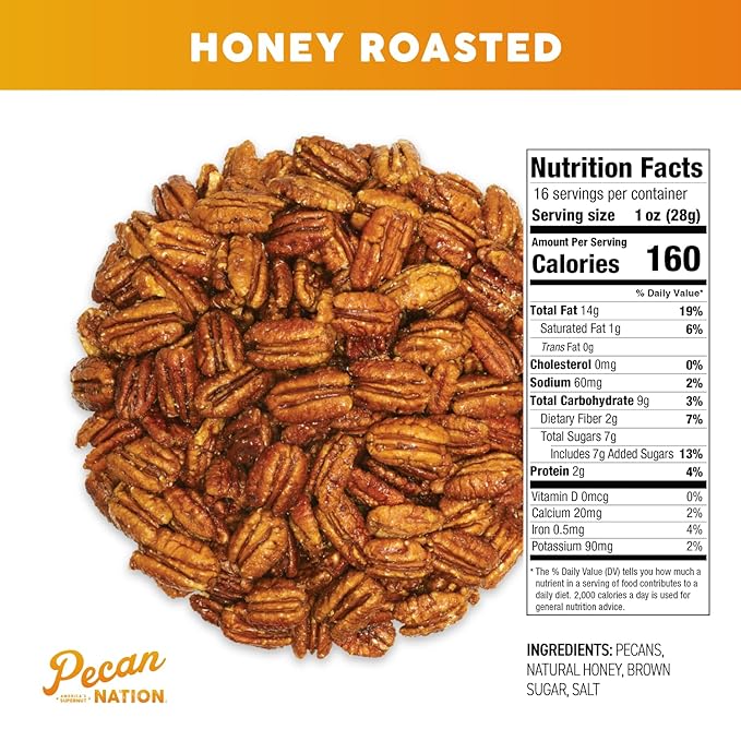 Pecan Nation Honey Roasted Georgia Pecans 32 oz. Natural No Preservatives Anti-oxidant Rich Non-GMO Irresistible Healthy Snacking Pecans for Adults and Kids