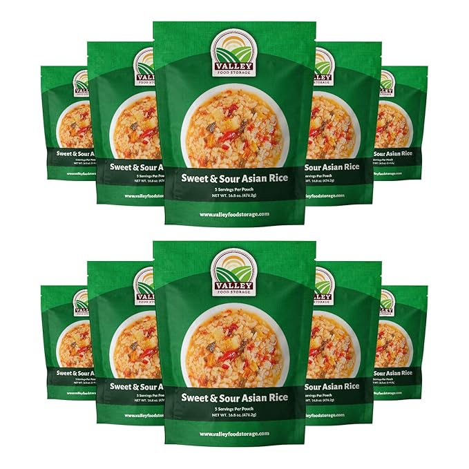 Valley Food Storage Sweet &amp Sour Asian Rice | 10-Bag Bucket 50 Servings | Gluten Free Premium Emergency Food Supply 25 Year Shelf Life | Survival Meal Kits Prepper Food &amp Off-Grid Living Su