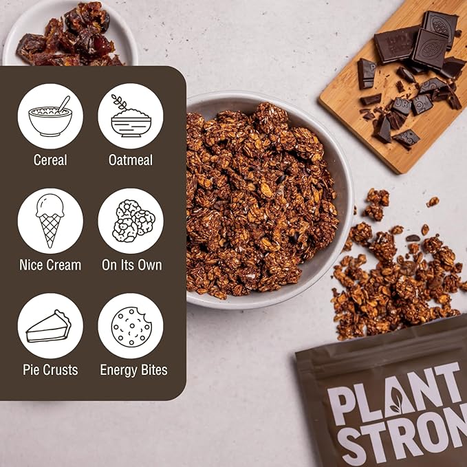 PLANTSTRONG Dark Chocolate Granola – Whole Grain Oil-Free Granola Sweetened Only with Dates Made from Whole Plants Handmade Small Batch Crunchy Breakfast Cereal or Snack (4-Pack (9 oz Bags))