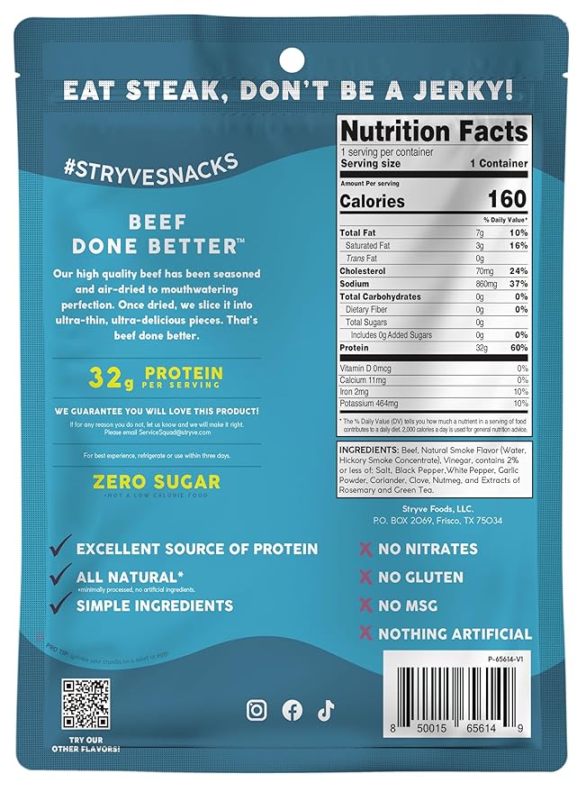 Stryve Protein Snacks - Better Than Jerky Steak - Grassfed Beef Biltong | 32g Protein Sugar Free Zero Carbs Gluten Free Dairy Free Keto &amp Paleo Friendly | Hickory Pack Of 4