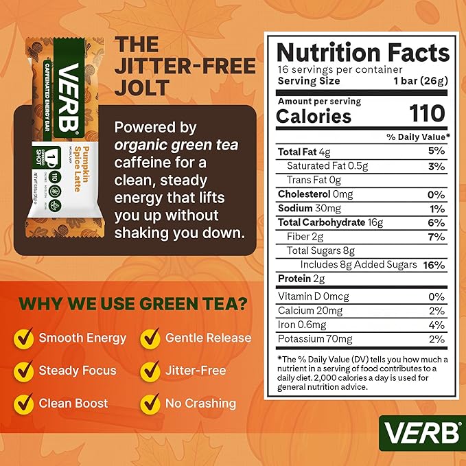 Verb Caffeinated Energy Bars Pumpkin Spice Latte (26g Pack of 16) 110-Calorie Delicious Low Sugar Energy Bar - Gluten Free On-the Go Snack with 80mg Green Tea Caffeine Only Real-Food Ingredients