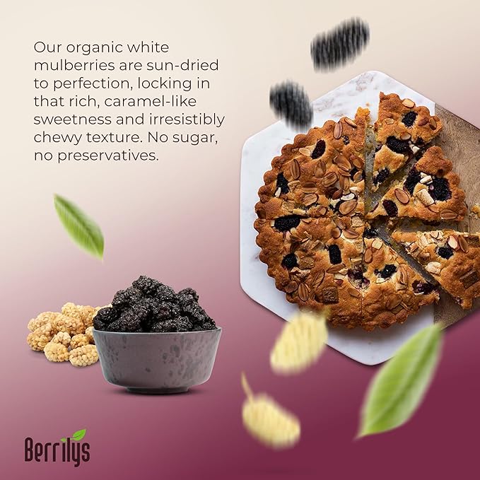 Berrilys Organic Dried White &amp Black Mulberries - Sun-Dried - Homemade Recipes - Chewy Fruit - Ideal for Snacks Baking &amp Smoothies - Non-GMO Raw Vegan - Breakfast Bowls Yogurt Trail Mix -