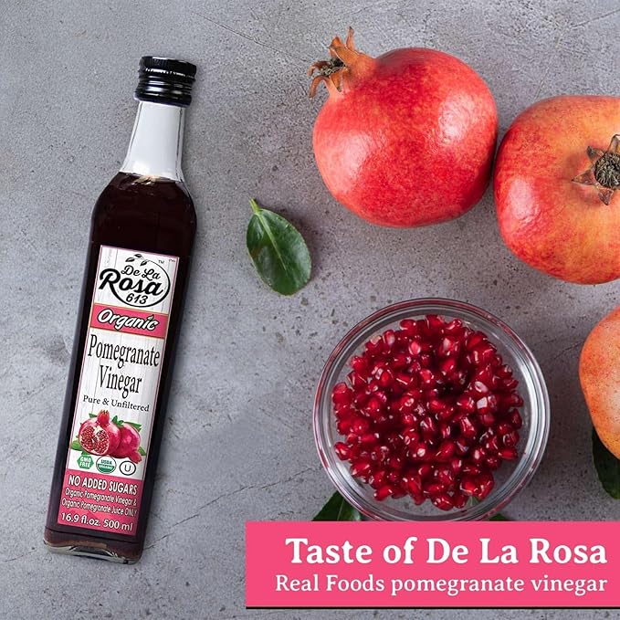 De La Rosa Organic Pomegranate Vinegar Pure &amp Unfiltered Vegan Gluten Free &amp Kosher Great for Salad Dressing Marinades 100% Pure Pomegranate Vinegar 16.9 Oz (pack of 2)