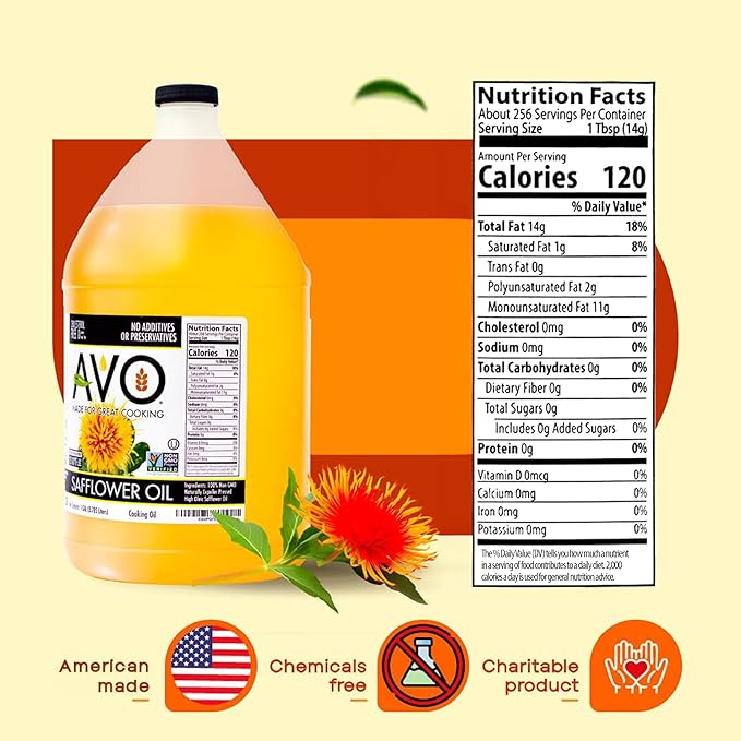 AVO High Oleic Safflower Oil Bulk 1 Gallon NON-GMO Naturally Processed High Smoke Point 510°F