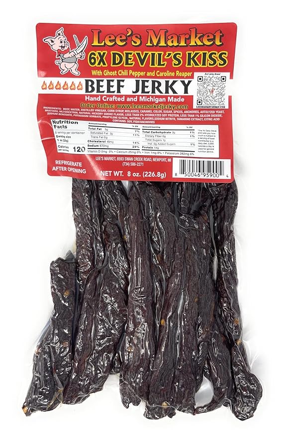 Lee's Market 6X Devil's Kiss Beef Jerky - Soft &amp Tender - Healthy Low Carb Gluten-Free Snack - Paleo &amp Keto-Friendly - Michigan Made Handcrafted Jerky - Specialty Gourmet Meat Snacks - 8oz
