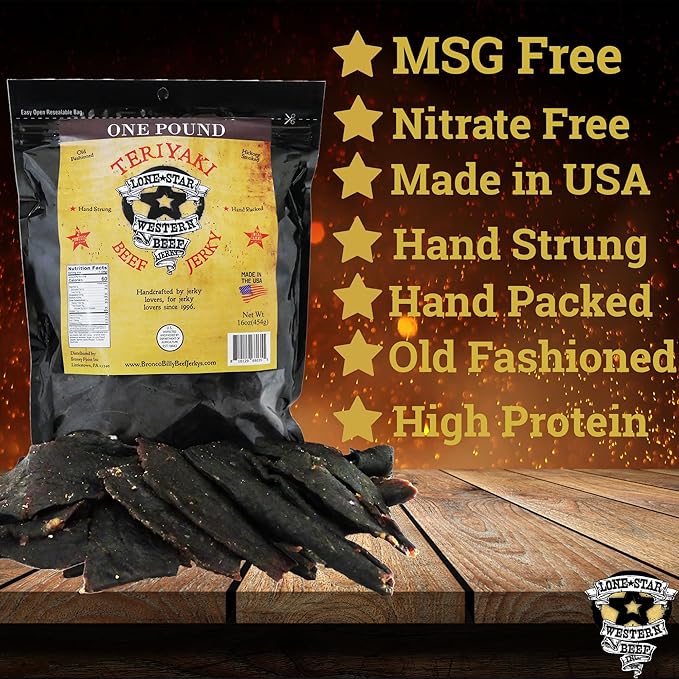 Lone Star Teriyaki Beef Jerky - 1 Pound Resealable Bag - Hickory Smoked Handcrafted Flavor - High Protein Healthy Meat Snack