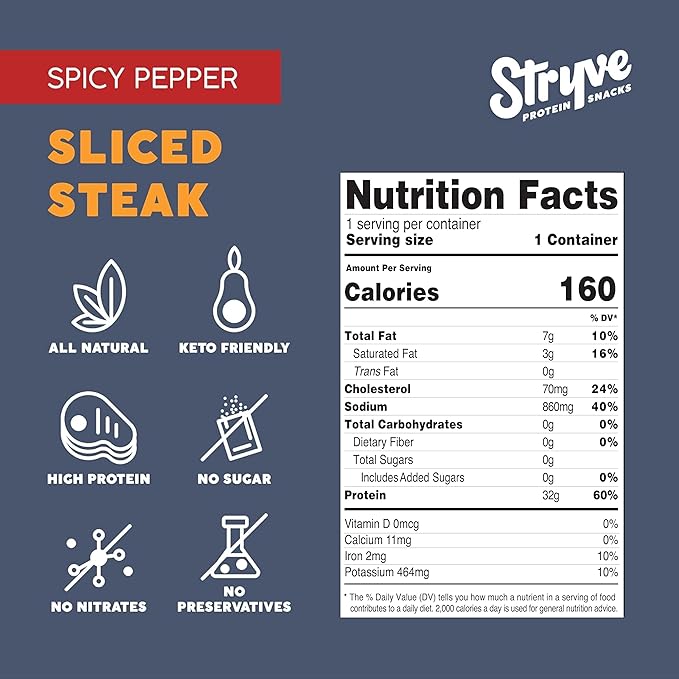 Stryve Protein Snacks - Better Than Jerky Steak Snacks. Protein Rich Beef Biltong | 32g Protein Sugar Free Carbs Free Gluten Free Dairy Free Keto &amp Paleo Friendly | Spicy Pepper Pack Of 4