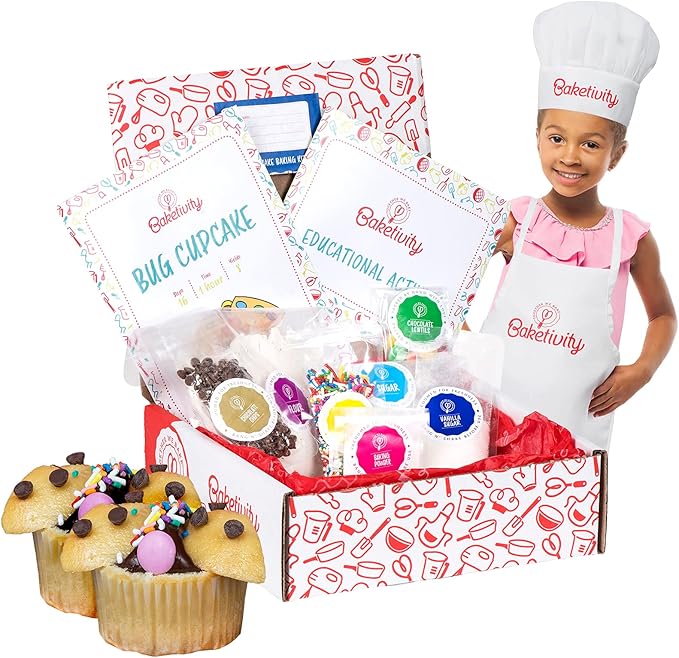 Baketivity Kids Baking DIY Activity Kit - Bake Delicious Bug Cupcakes with Pre-Measured Ingredients – Best Gift Idea for Boys and Girls Ages 6-12 – Includes Free Hat and Apron