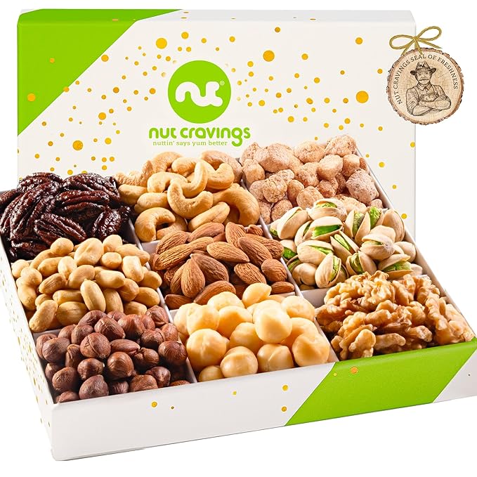 NUT CRAVINGS - Easter Mixed Nuts Gift Basket in White Gold Box (9 Assortments) Ramadan Gifts Saint Patrick's Day Treats for Adults Food Arrangement Healthy Snack Care Package Kosher
