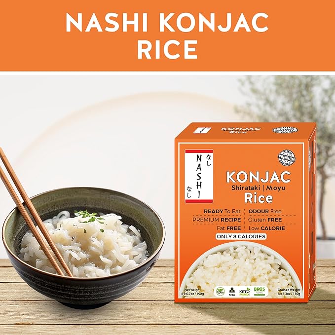 Nashi Shirataki Konjac Moyu Rice - Low Fat Glucomannan Premium Recipe Keto friendly Suitable for Vegan Odour Free low calorie food | Ready to Eat (8×190g)