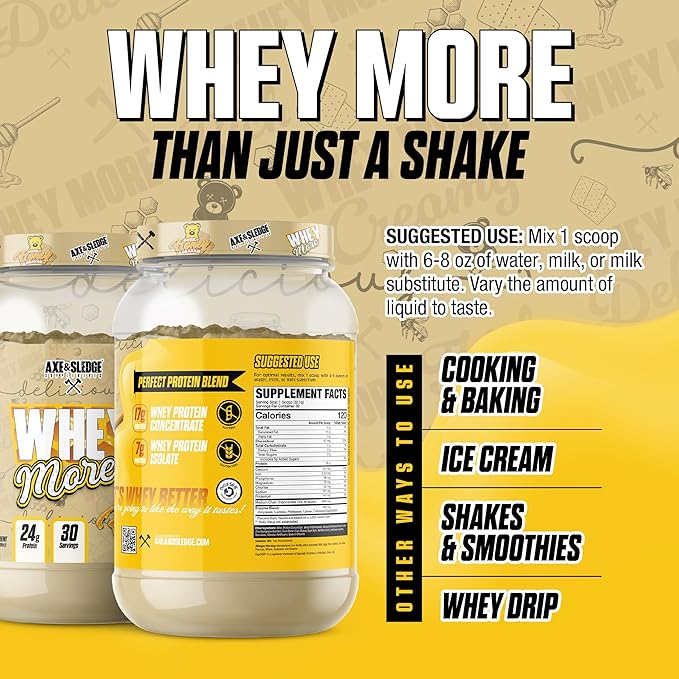 Axe &amp Sledge WHEY More Premium Protein Blend | 24g Protein Whey Concentrate &amp Isolate | Prebiotic Fiber for Enhanced Absorption | Creamy Delicious Versatile | 30 Servings Honey Grizzly Gra