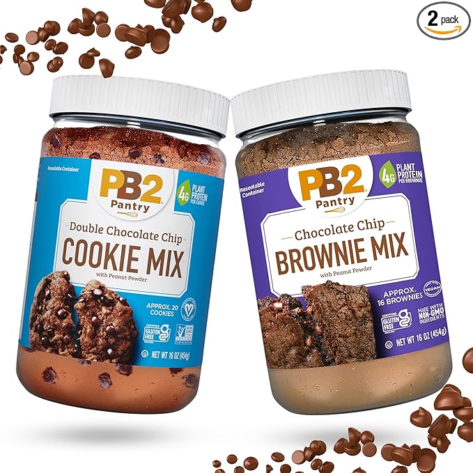 PB2 Pantry Bundle of Double Chocolate Chip Cookie &amp Chocolate Chip Brownie Mix | Certified Vegan Gluten-Free Non-GMO 4g Plant Protein per Serving 16oz Jars [Pack Of 2]