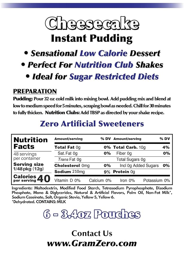 GramZero Cheesecake Sugar Free Pudding Mix 6-Pack Great For Nutrition Club Meal Replacement Shakes Low Calorie Dessert Stevia Sweetened