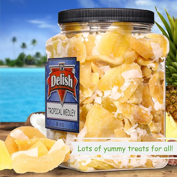 Tropical Mixed Dried Fruit Medley - by Its Delish 40 OZ Jumbo Container | Healthy Snacks for Adults | Fresh Snack Mix Dry Fruit | Pineapple Mango Guava Coconut | Vegan Kosher
