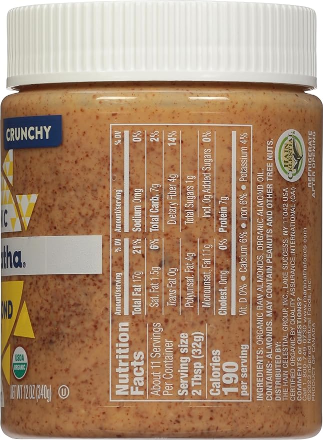 MaraNatha Organic Crunchy Raw Almond Butter 12 Ounce Jar