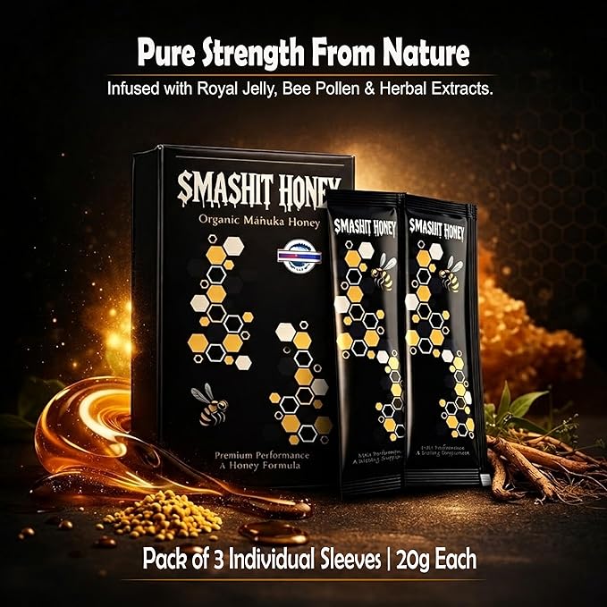 Smashit Honey Packs – 20g Sleeves/Sachets | Individual Honey Packets with Pure Honey &amp Bee Pollen | Raw Honey &amp Royal Jelly Blend | Travel-Friendly Single Serve Sachets (Pack of 3)