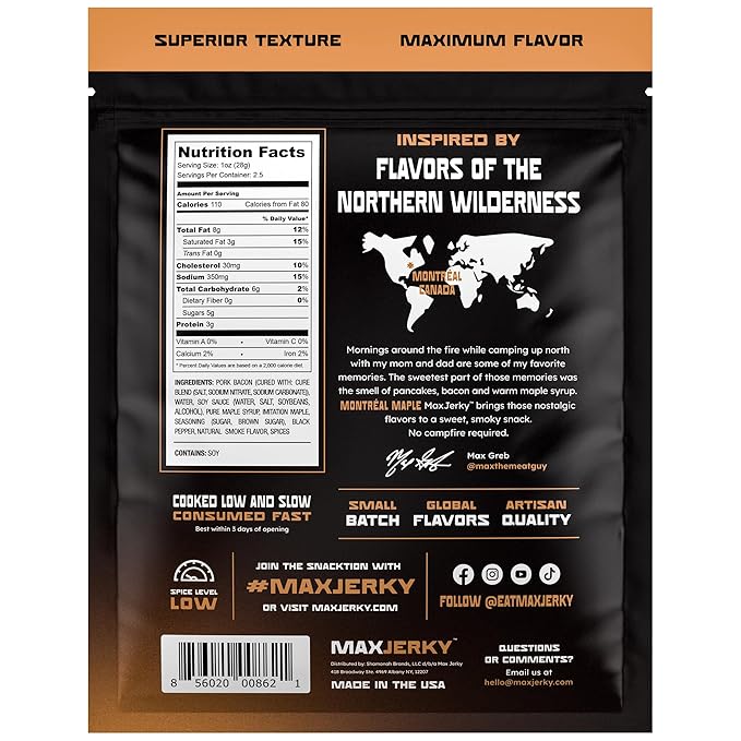 MaxJerky Montreal Maple Bacon Burnt Ends Smoked Bacon Jerky 2.5 OZ (4 Pack)