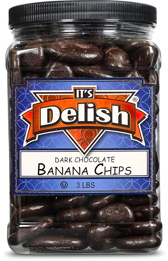 Dark Chocolate Covered Banana Chips by Its Delish 3 Lbs Jumbo Container | Gourmet Dark Chocolate Banana Chips Healthy Snacks Chocolate Fruit USA Made Vegan Kosher