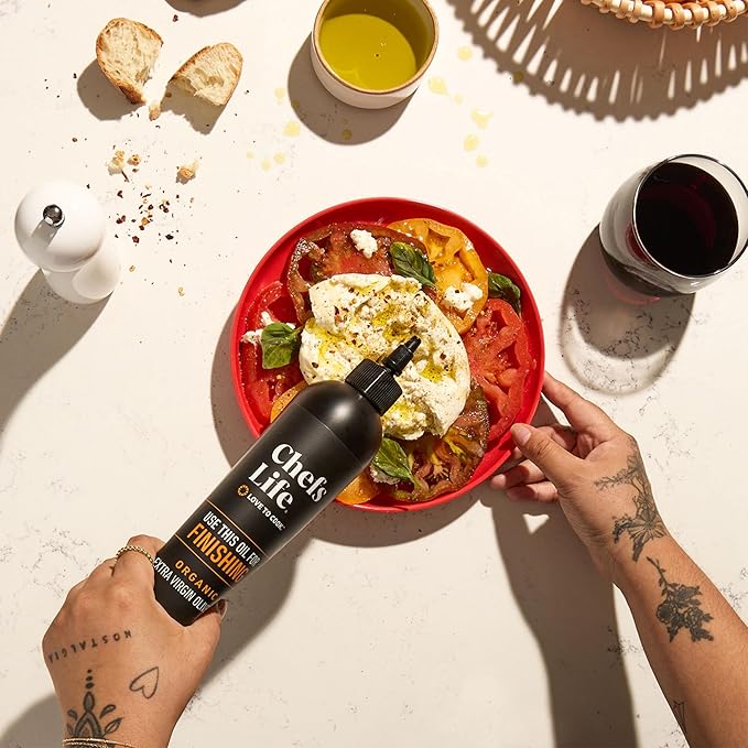 Chefs Life Organic Finishing Oil - 100% Extra Virgin Olive Oil Organic Olive Oil EVOO Perfect for Dressing Pure Single Origin Non GMO - 16.9 Fl Oz Squeezable Bottle (1 Pack)