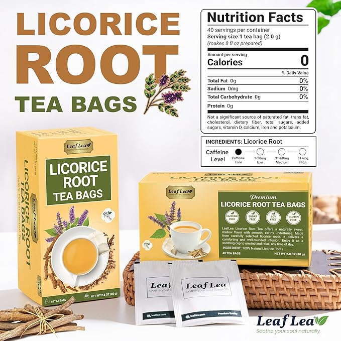 LeafLea 80 Licorice Root Tea Bags Pure Licorice Spice Tea Naturally Sweet Te De Regaliz Herbal Gently Supports Relaxation and Digestive Comfort Nutrient-Rich Vegan Sugar- free Caffeine Free