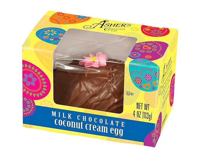 Asher's Chocolates Window Boxed Eggs Chocolate Covered Egg Large Decorative Box Spring Themed Small Batches of Kosher Chocolates Family Owned Since 1892 (Milk Chocolate Coconut Cream 4oz)